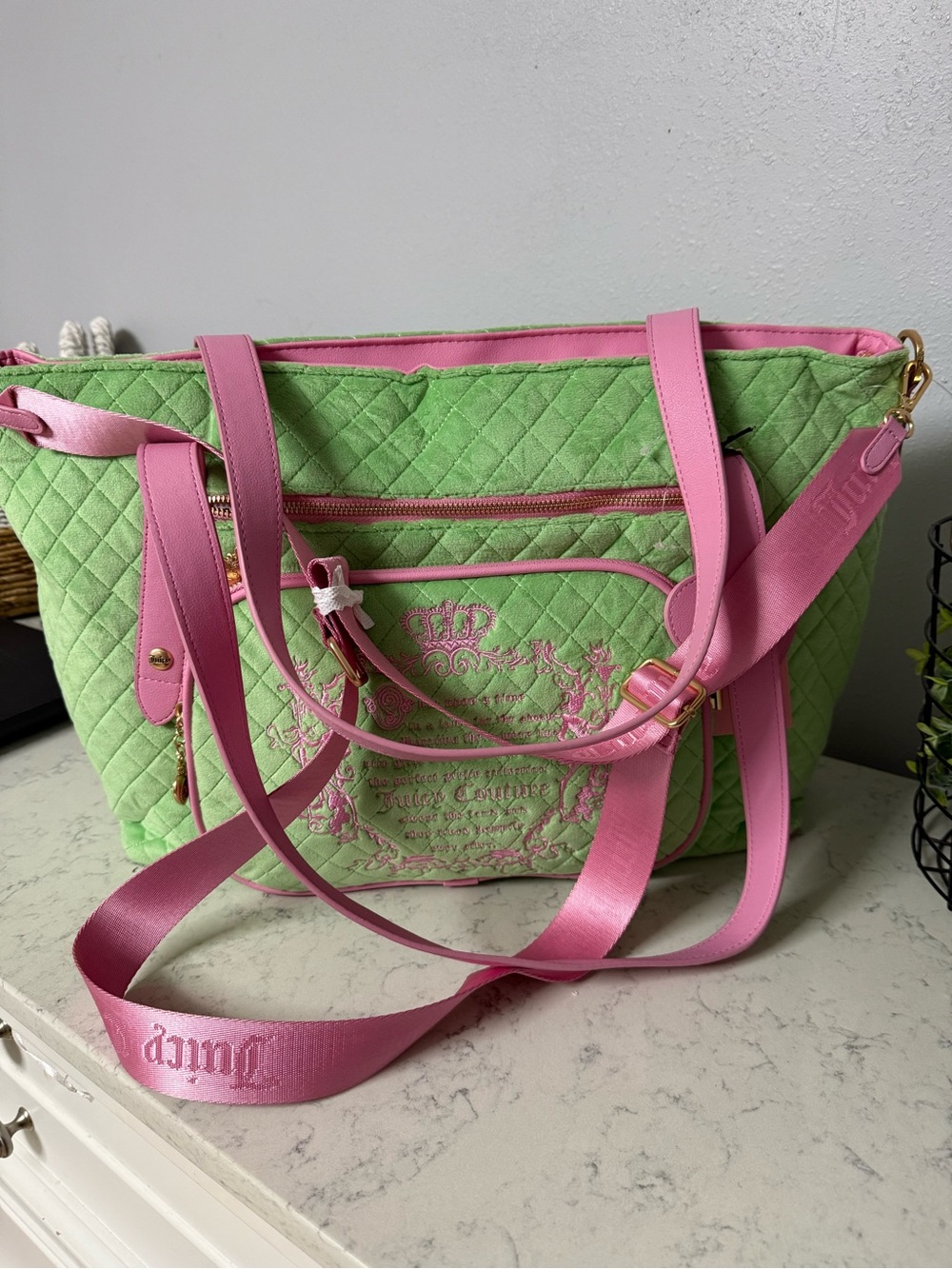 Juicy Couture Lime Green Quilted Tote with Pink Trim and Strap